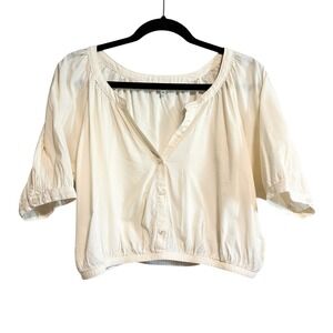 Aerie Puff Sleeve Pullover Split Neck Peasant Cropped Top Cream Size M